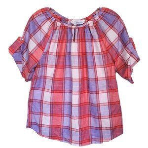 Vintage 1970s Miss Fashionality Plaid Pink Top Size XL Peasant Blouse